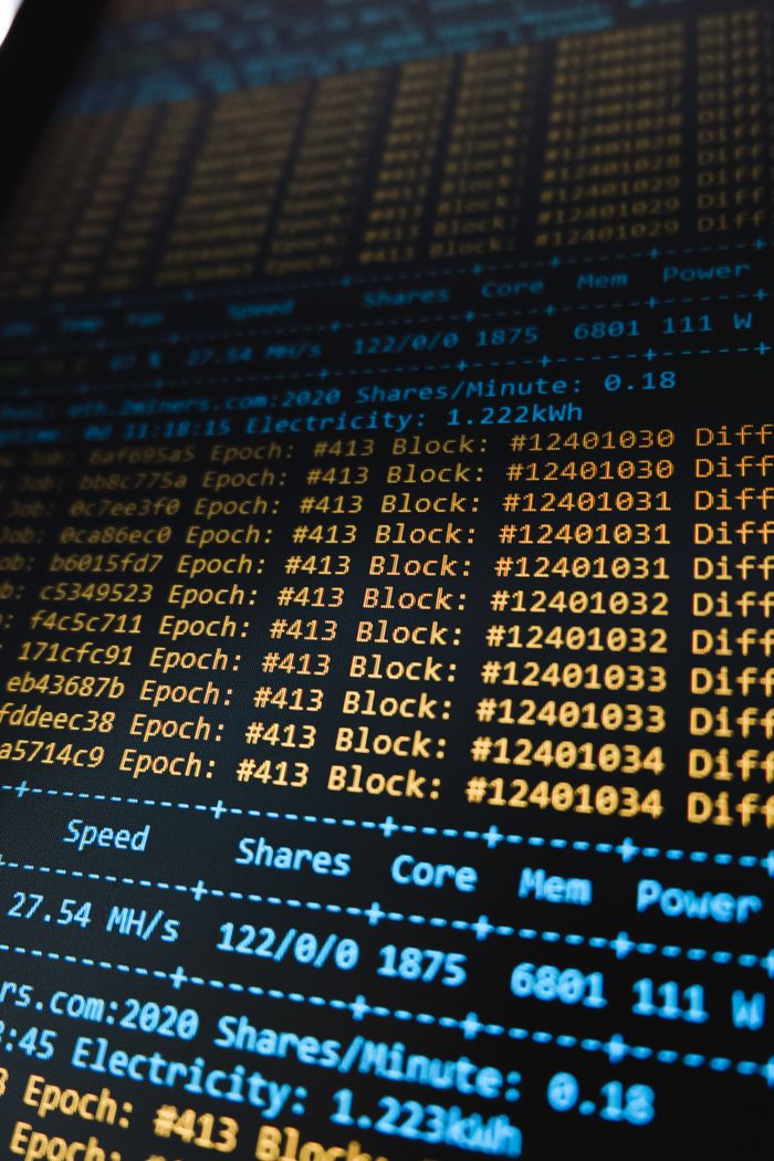 services-03 Detailed view of a cryptocurrency mining software interface displaying real-time data on a computer monitor.